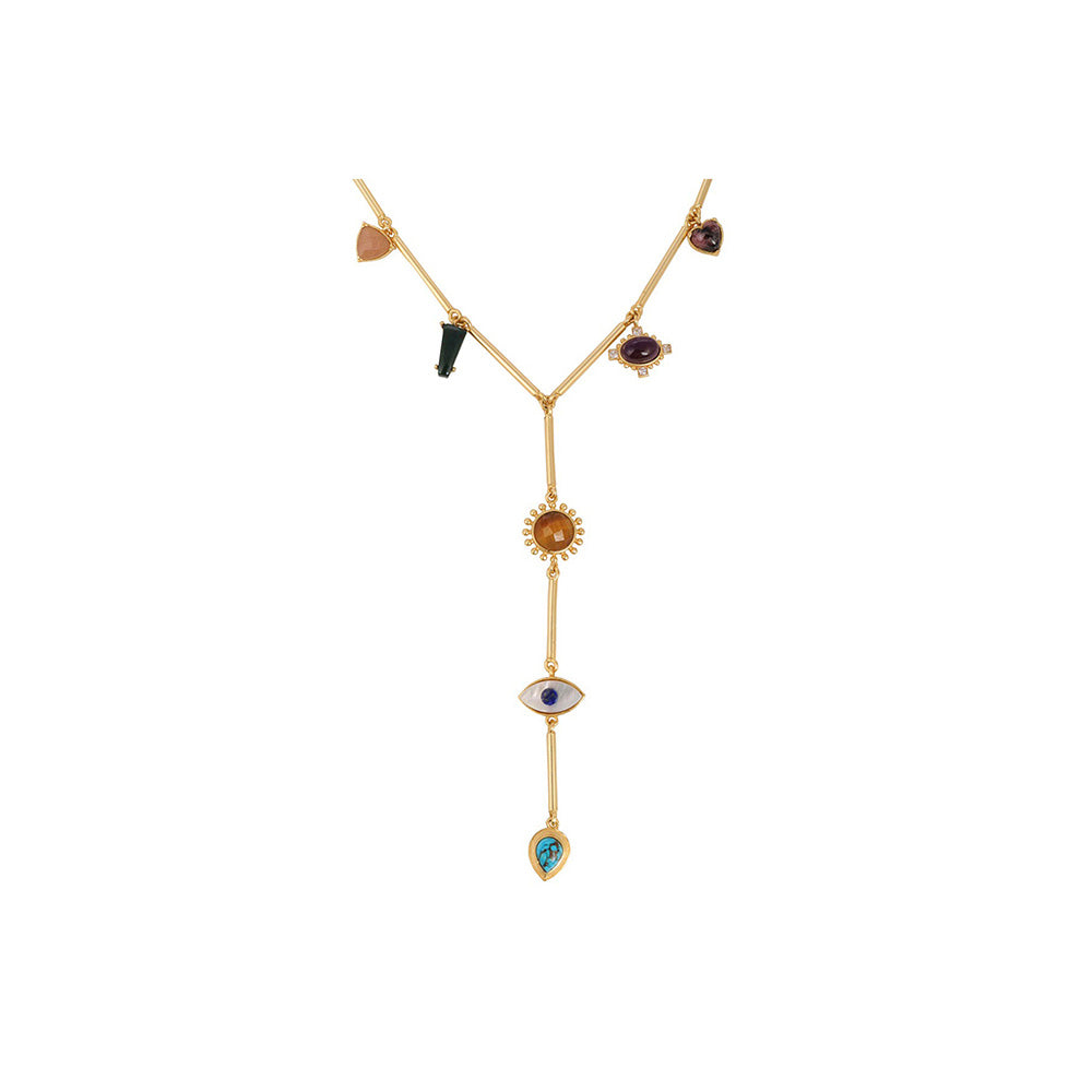 ZARIIN 22Kt Gold Plated Multi Stone Healing Pendants Necklace