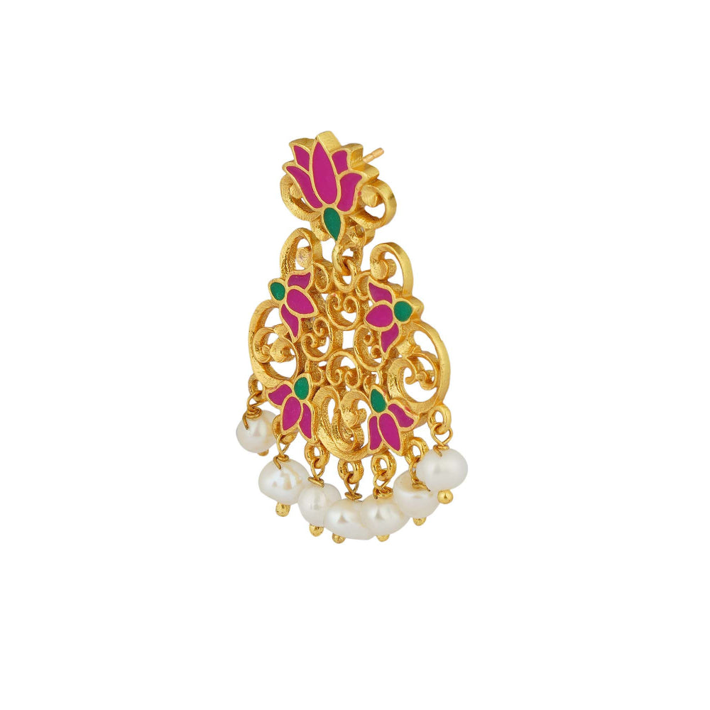 ZARIIN 22KT Gold Plated in Pink Enamel Mystic Lotus Stud Earrings