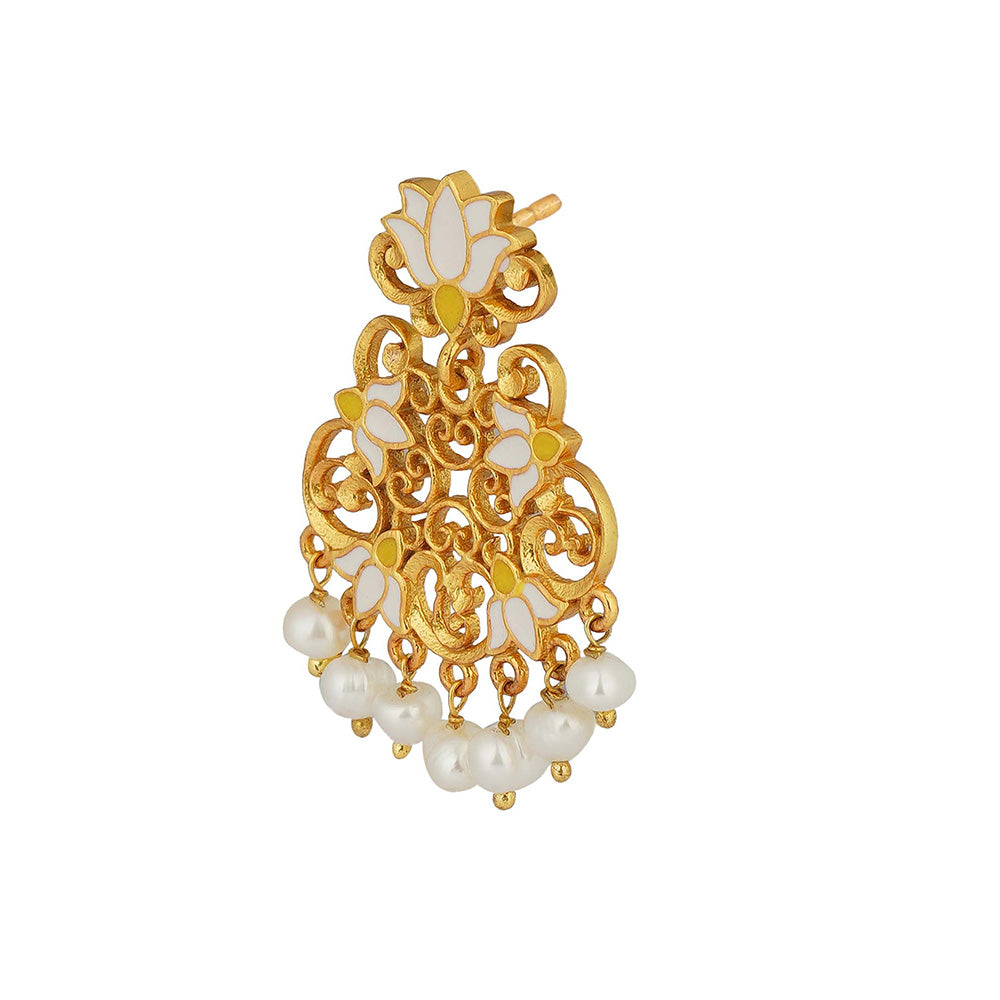 ZARIIN 22KT Gold Plated in White Enamel Mystic Lotus Stud Earrings