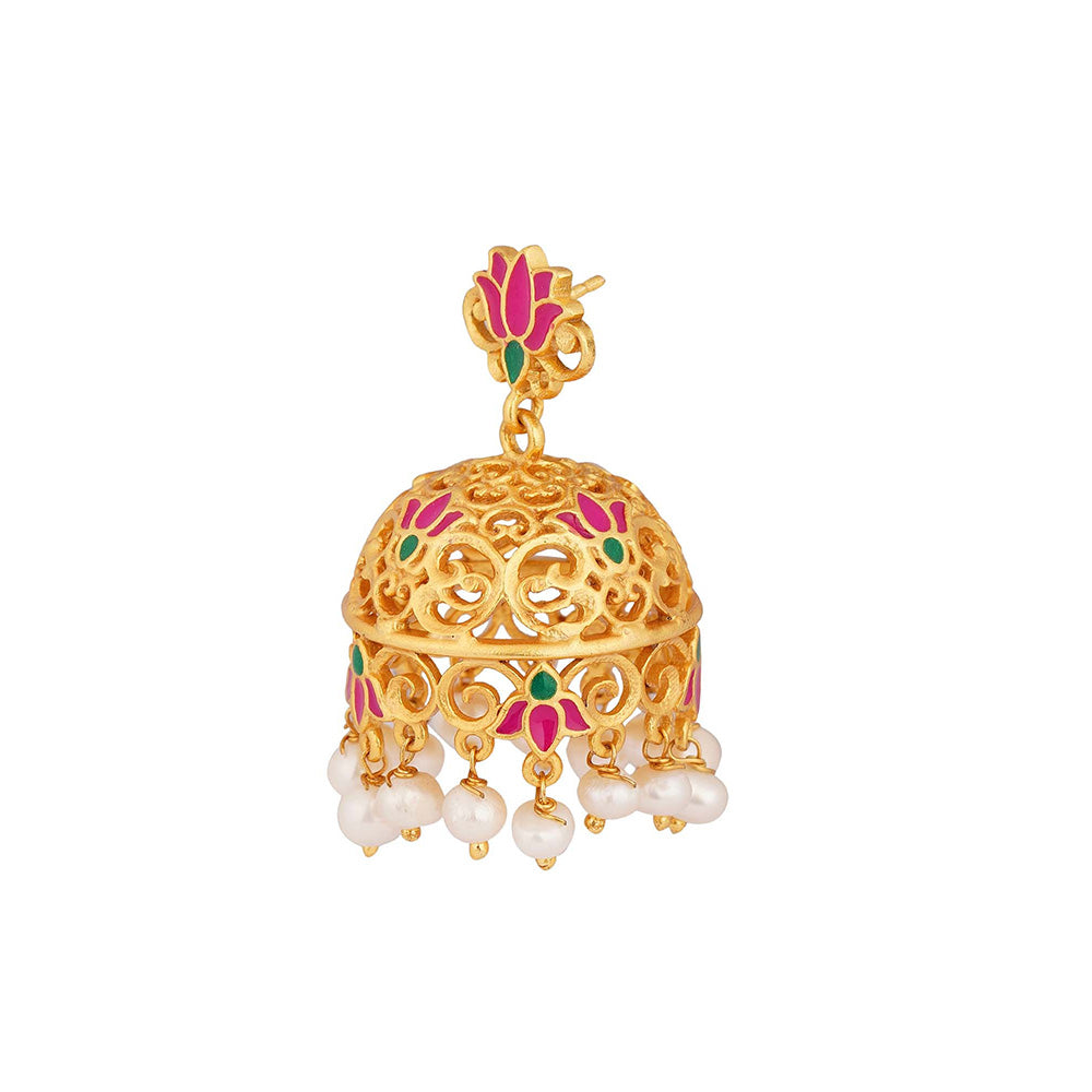 ZARIIN 22KT Gold Dipped in Pink Enamel Gul Lotus Jhumkas