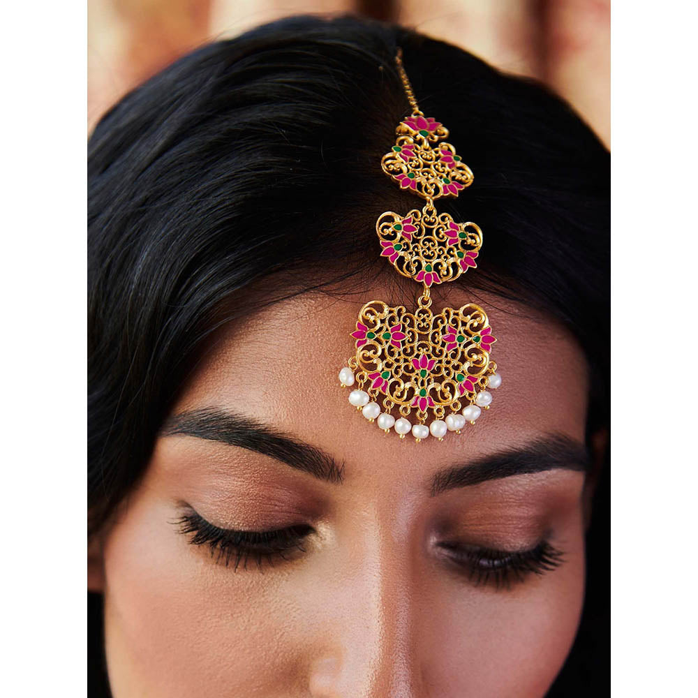 ZARIIN 22KT Gold Dipped in Pink Enamel Goddess Lotus Maang Tikka