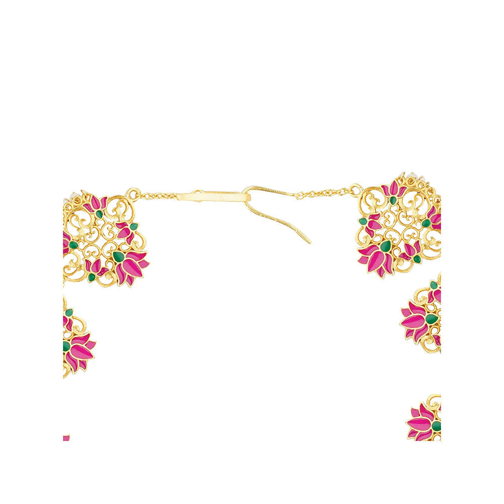 ZARIIN 22KT Gold Dipped in Pink Enamel Poets Delight Lotus Maatha Patti