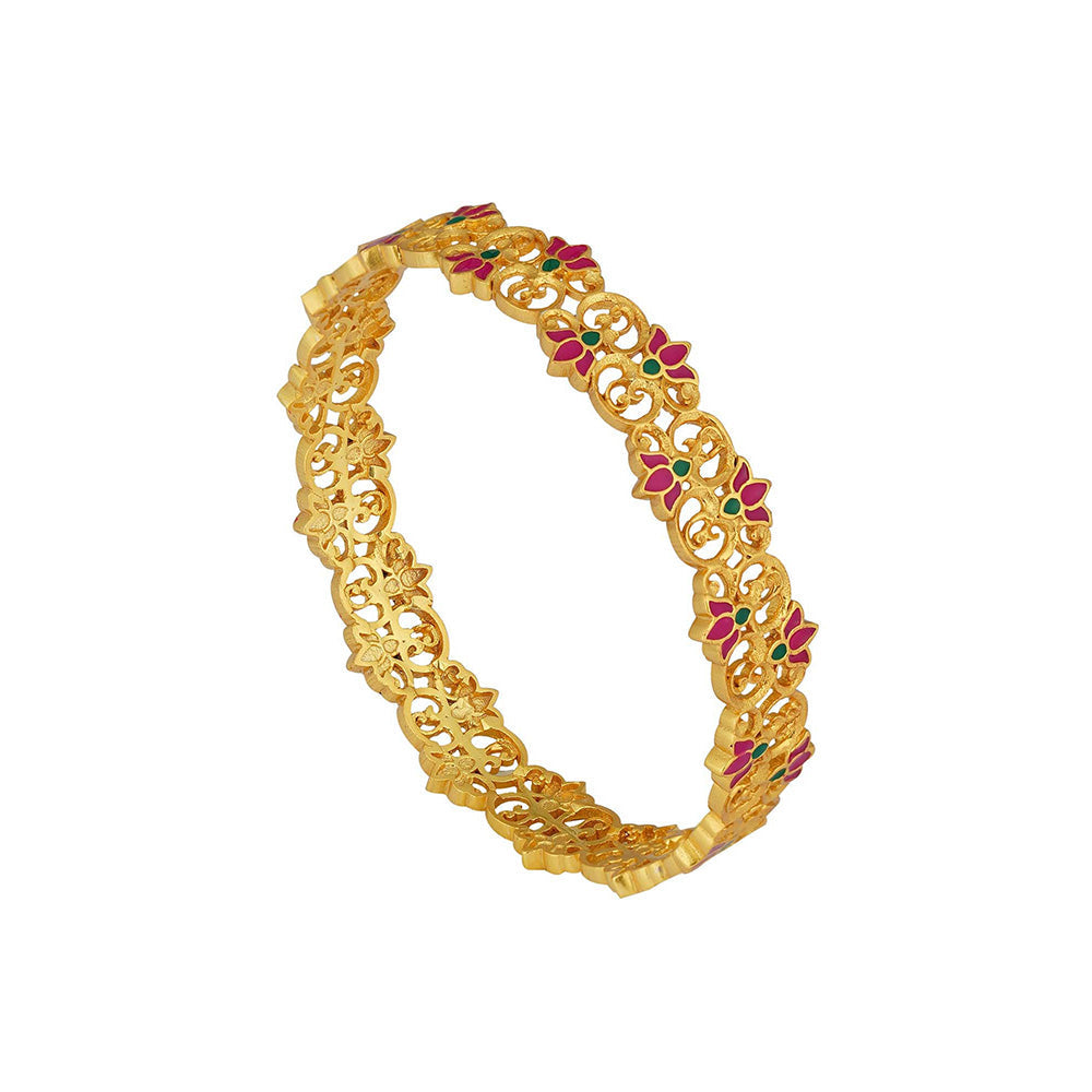 ZARIIN 22KT Gold Dipped in Pink Enamel Blooming Tales Lotus Bangle