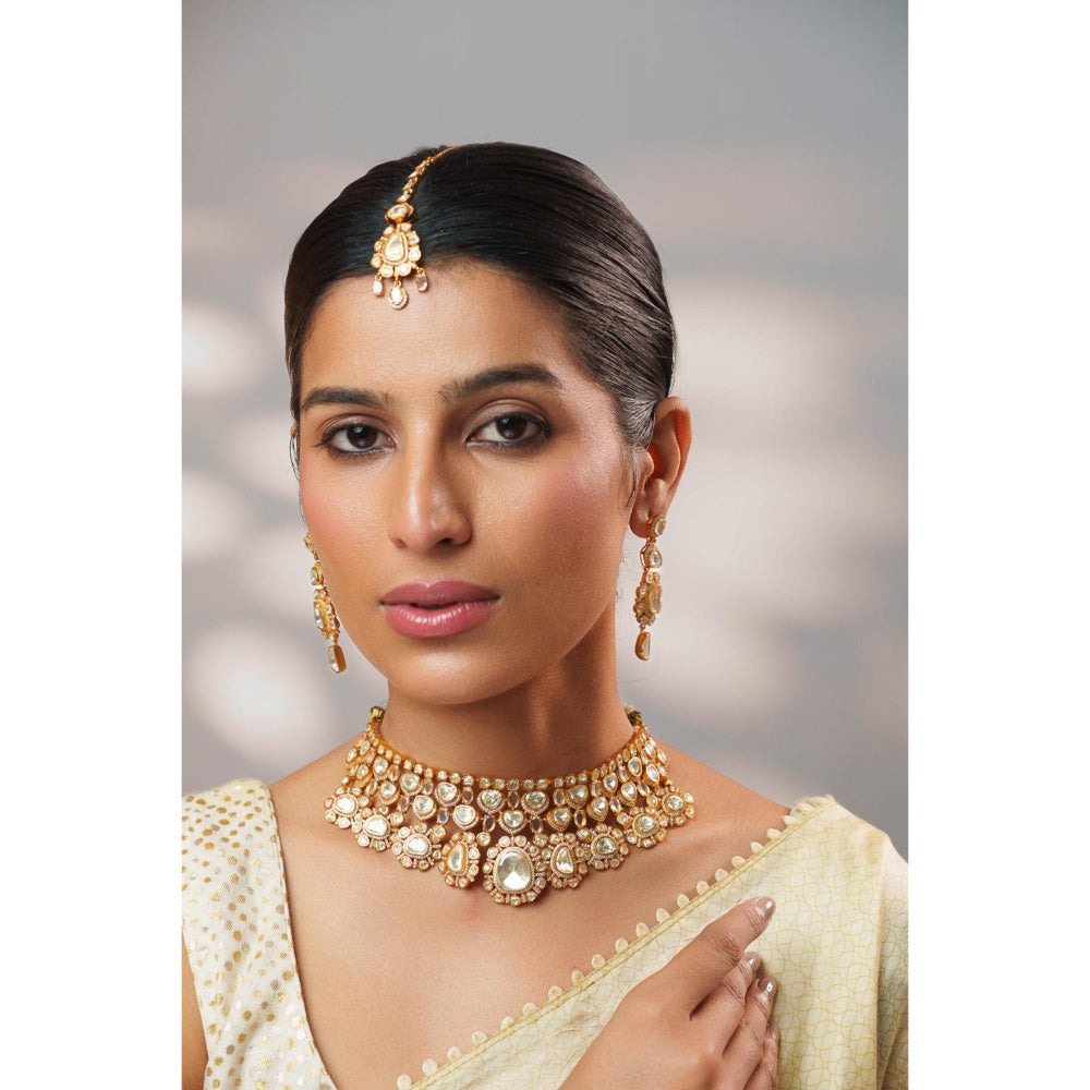 Zevar By Geeta Golden Keyara Moissanite Choker with Pair Of Earrings and Maang Tikka