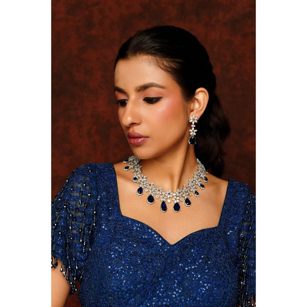 Zevar By Geeta Blue Roshni Sapphire Diamond Necklace and Pair Of Earrings