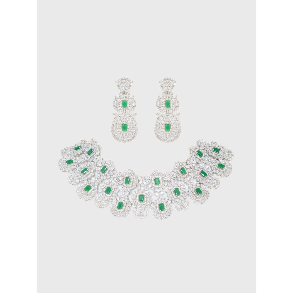 Zevar By Geeta Chehek Green Emerald Diamond Necklace and Pair Of Earrings