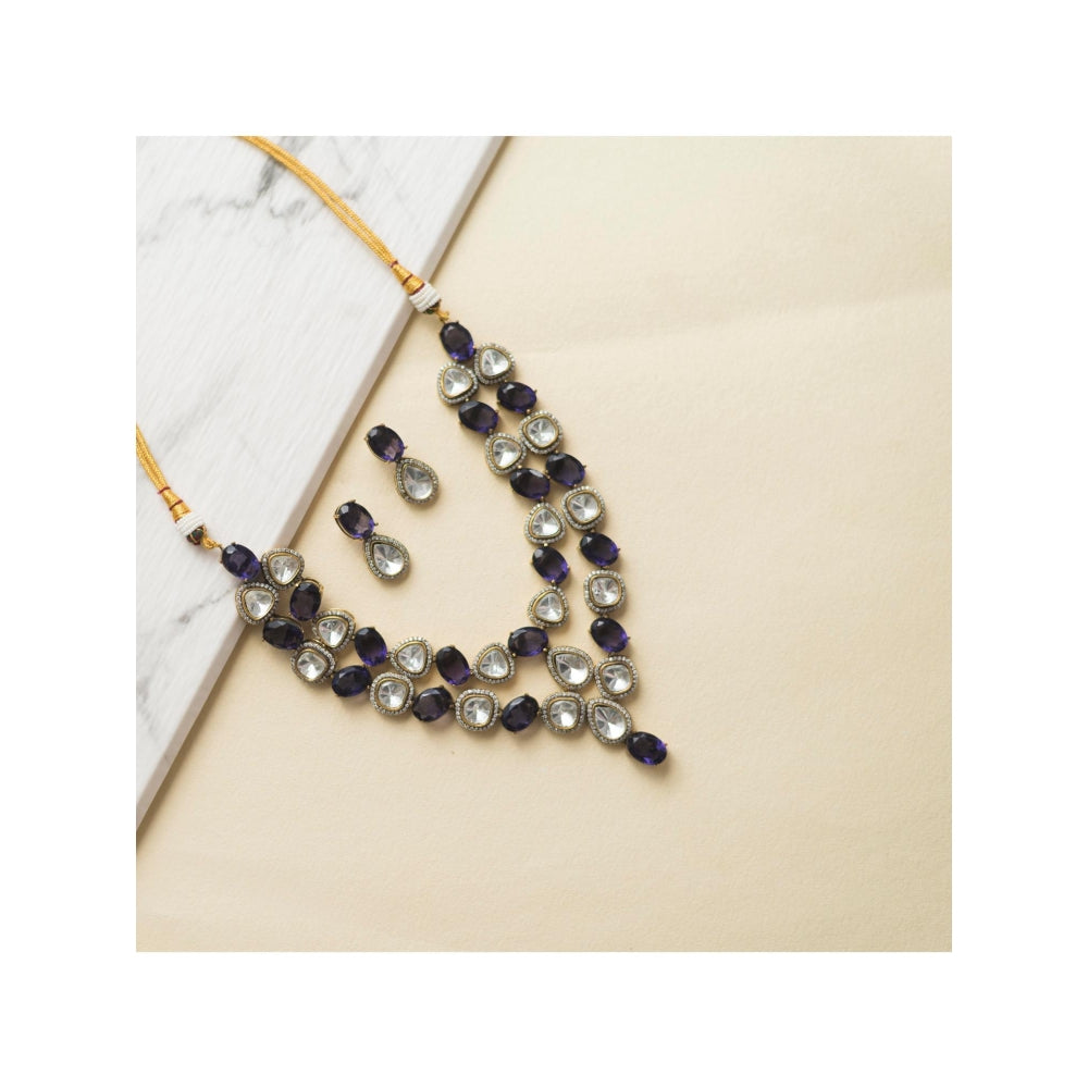 Zevar By Geeta Purple Geshna Amethyst Polki Necklace and Pair Of Earrings