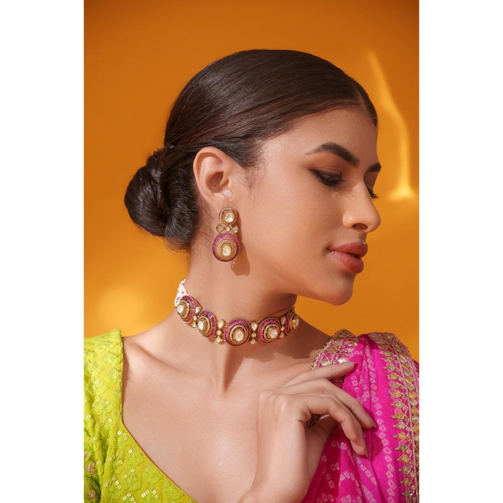 Zevar By Geeta Tarisha Pink Polki Choker with Pair Of Earrings