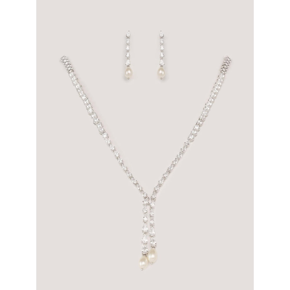 Zevar By Geeta White Naisha Diamond Necklace with Pair Of Earrings