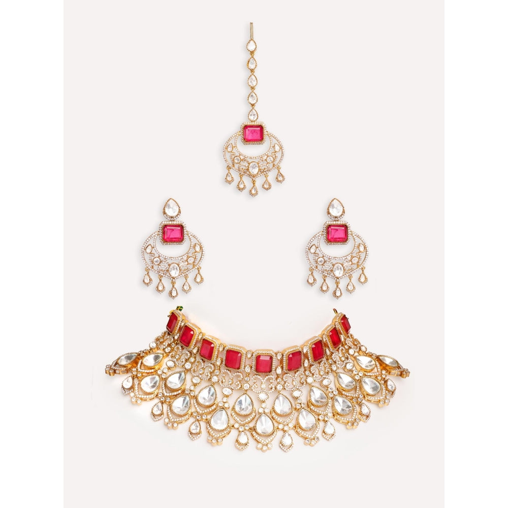 Zevar By Geeta Zubaida Red Polki Necklace with Pair Of Earrings and Maang Tikka