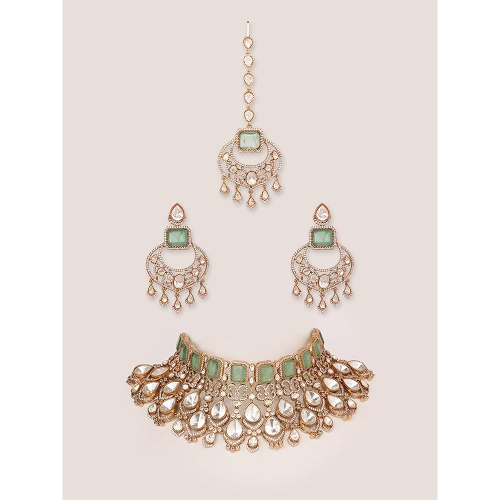 Zevar By Geeta Zubaida Green Polki Necklace with Pair Of Earrings and Maang Tikka