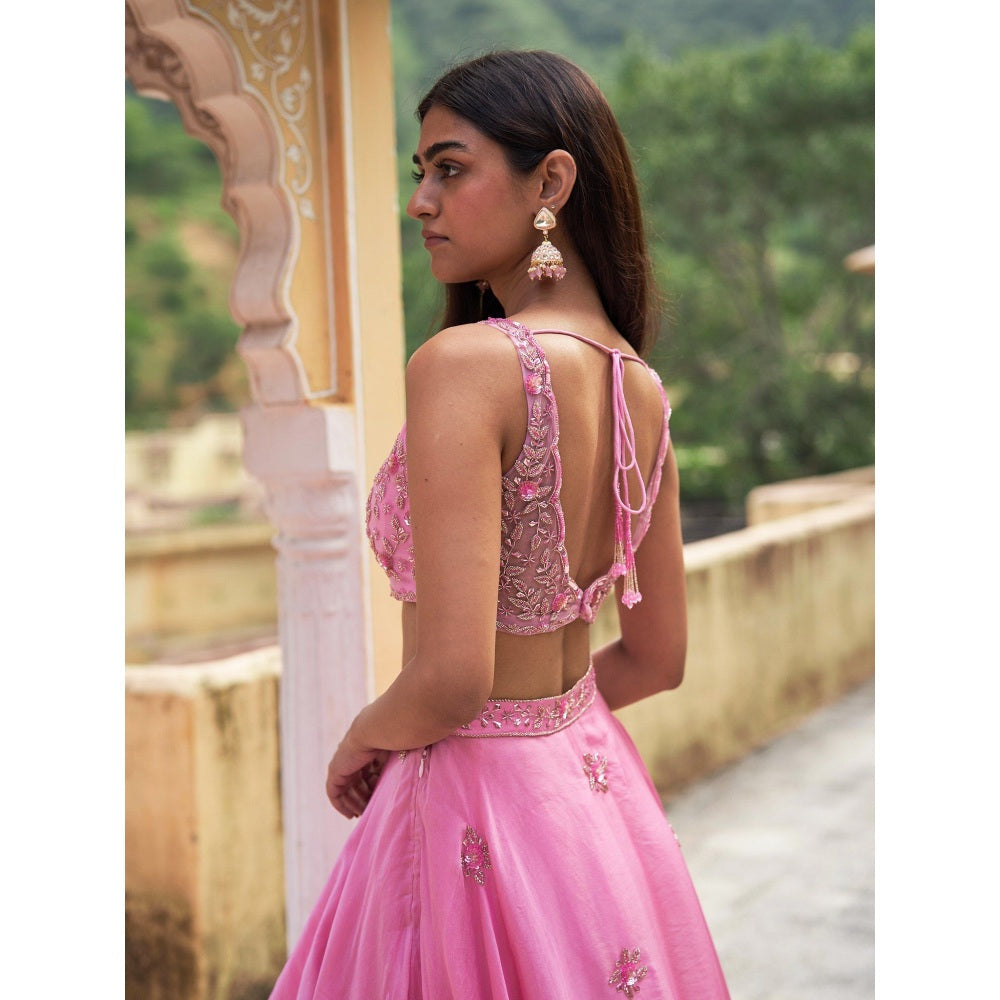 Zoon Pink Embroidered- Sequined Lehenga with Blouse and An Organza Dupatta (Set of 3)