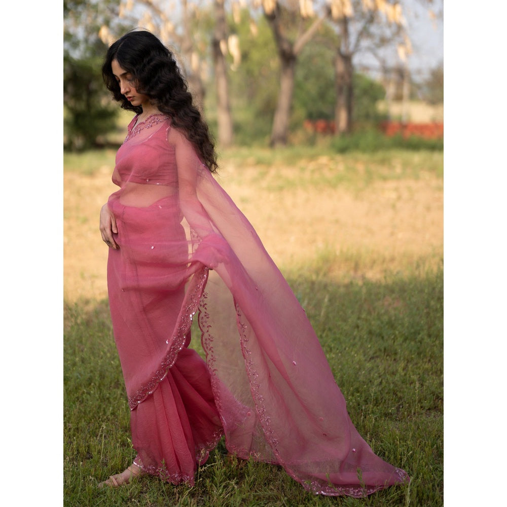 Zoon An Rose Pink Embroidered-Embellished Saree with Stitched Blouse