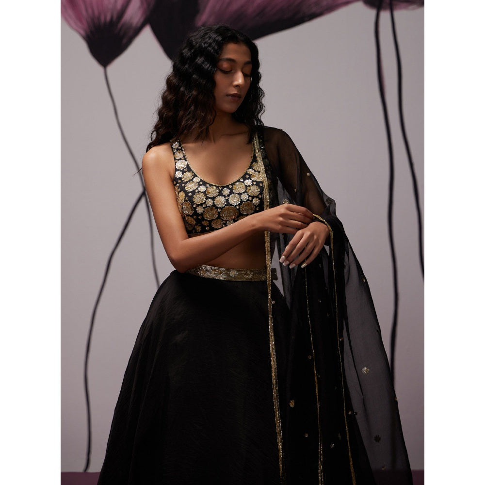 Zoon Black Embellished-Sequined Lehenga with Blouse and Dupatta (Set of 3)
