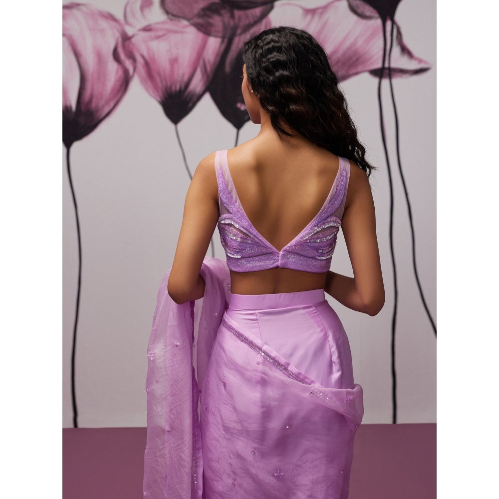 Zoon Lavender Embellished-Sequined Pre-Draped Saree with Stitched Blouse