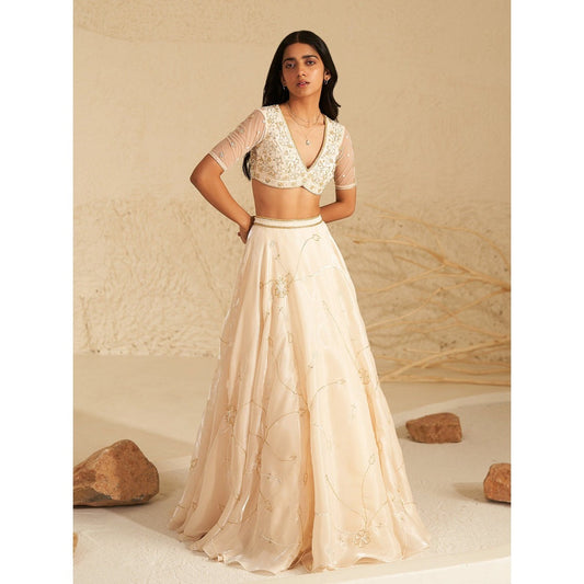 Zoon Off White Embroidered Lehenga with Blouse and Dupatta (Set of 3)