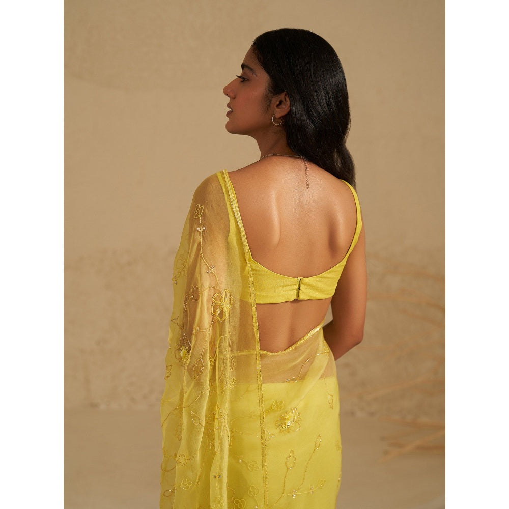 Zoon A Neon Yellow Embroidered Saree with Stitched Blouse