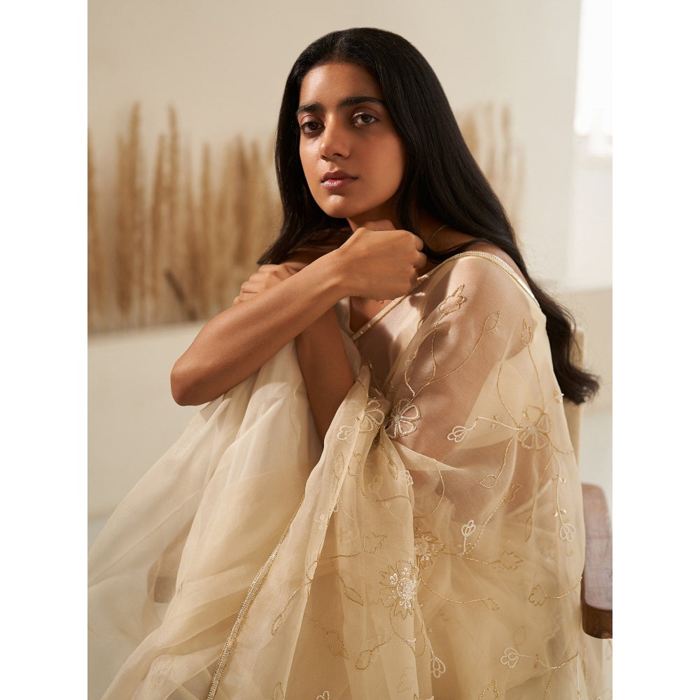 Zoon Off White Embroidered-Sequined Saree with Stitched Blouse