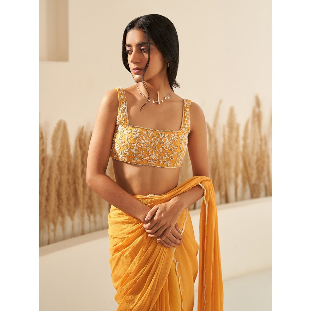 Zoon Mustard Embroidered Pre-Draped Saree with Stitched Blouse