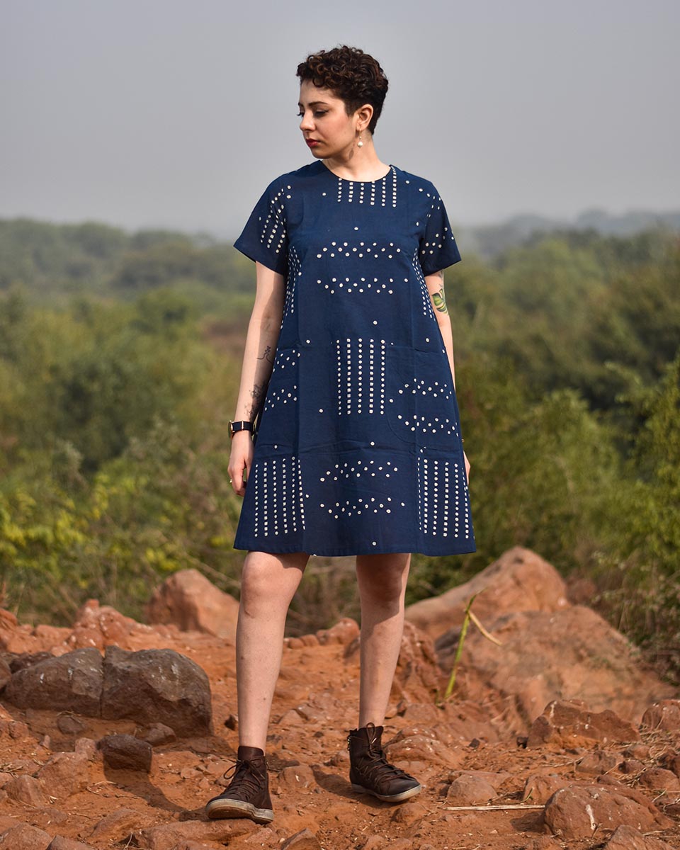 Chidiyaa Indigo Scattered Polka Dots Block Printed Dress Awargi