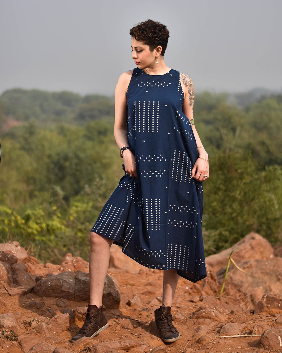 Chidiyaa Indigo Polka Dots Block Printed Sleeveless Dress Awargi