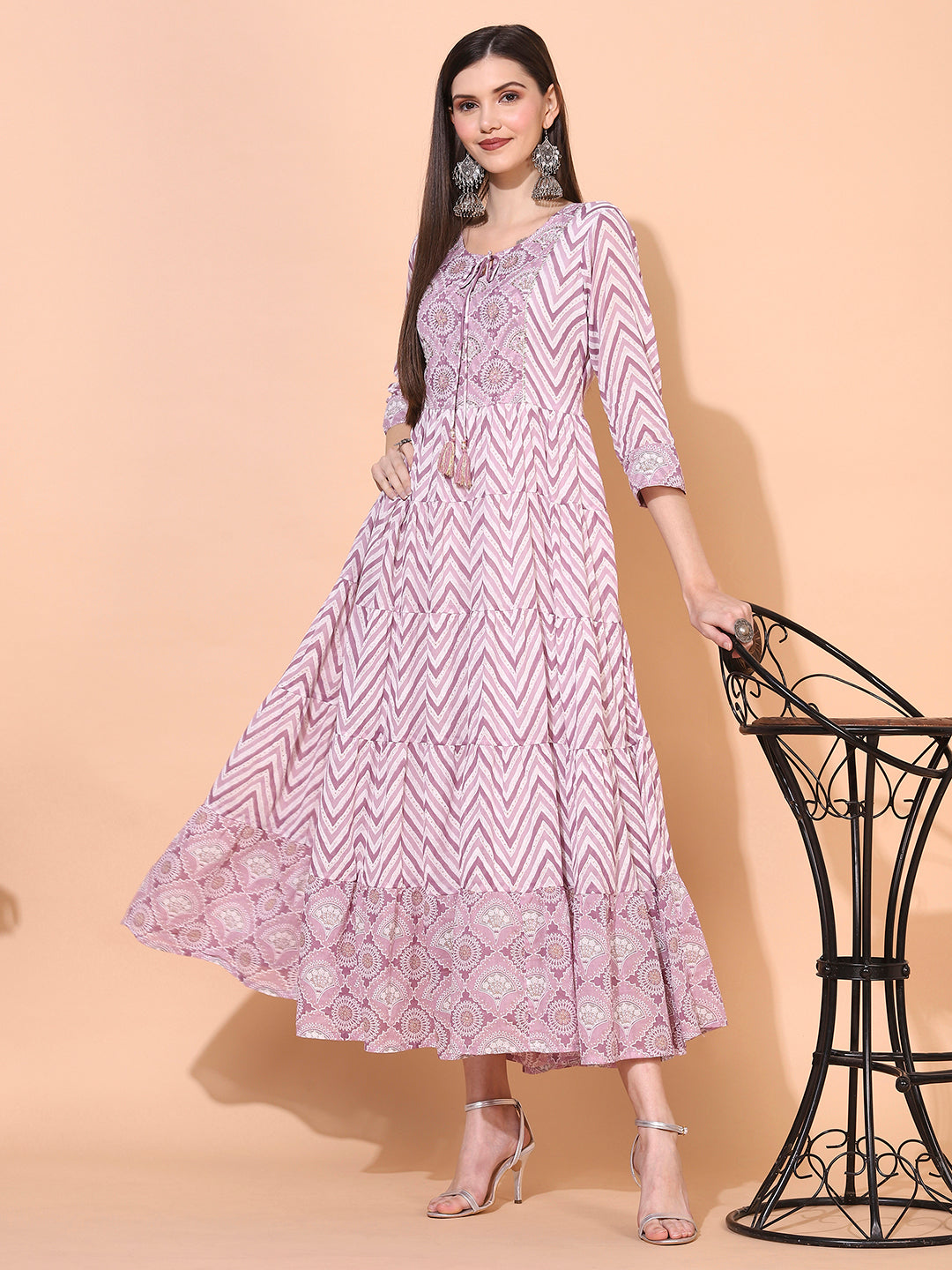 ZigZag Printed & Hand Embroidered Tiered Flared Maxi Dress Lilac Purp