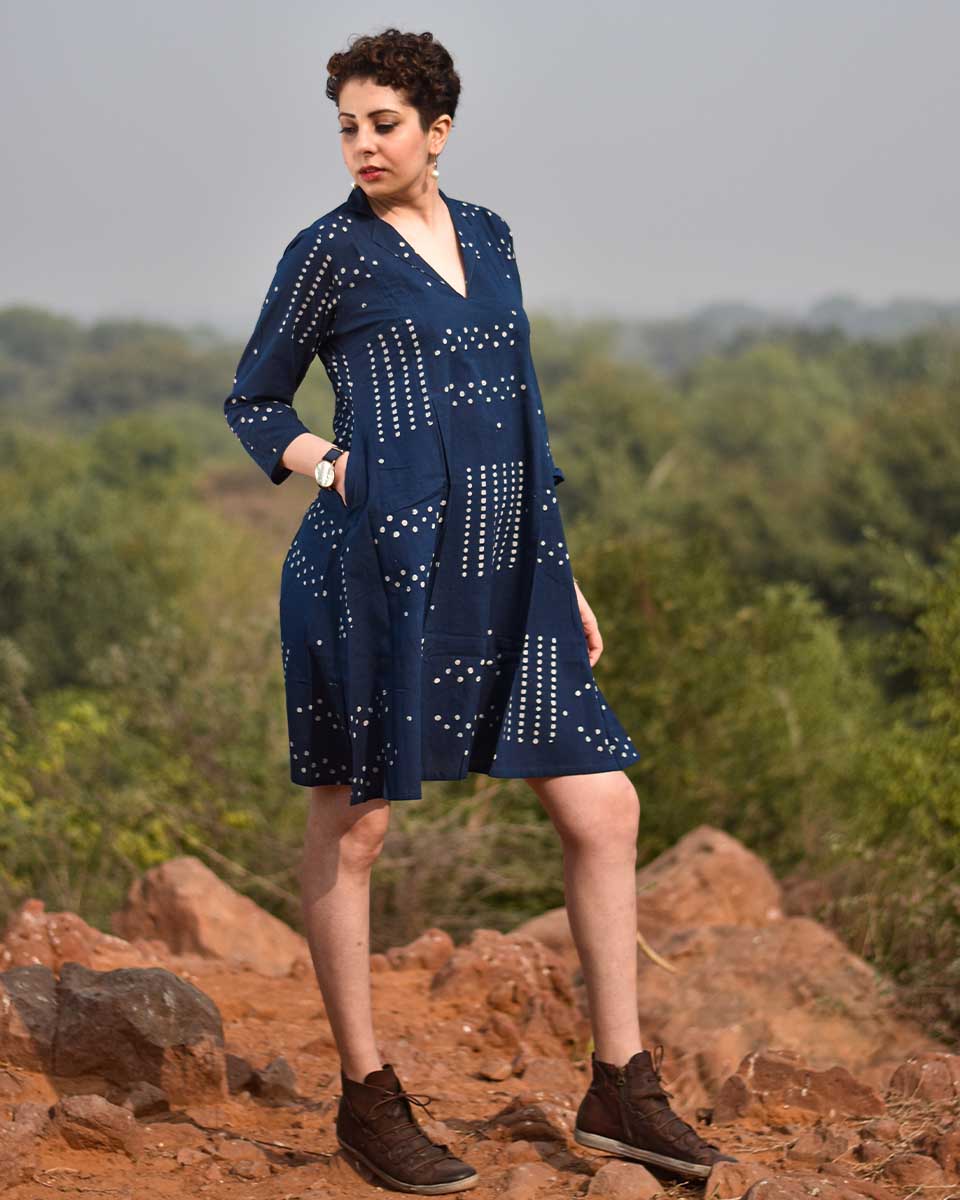 Chidiyaa Polka Burst Indigo Block Printed Cotton Dress Awargi