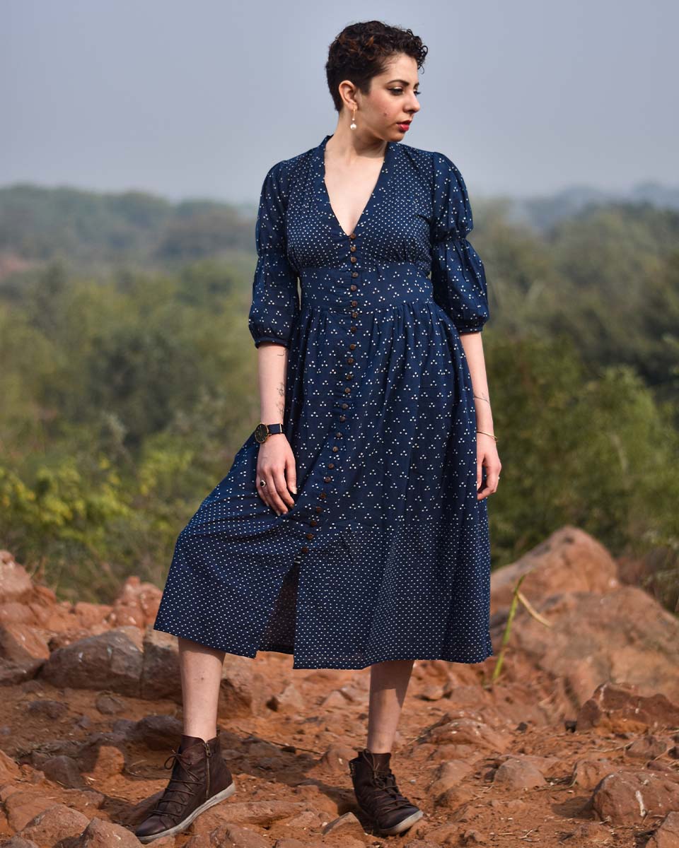 Chidiyaa Indigo Two Tiered Puff Sleeve Block Printed Dress Awargi