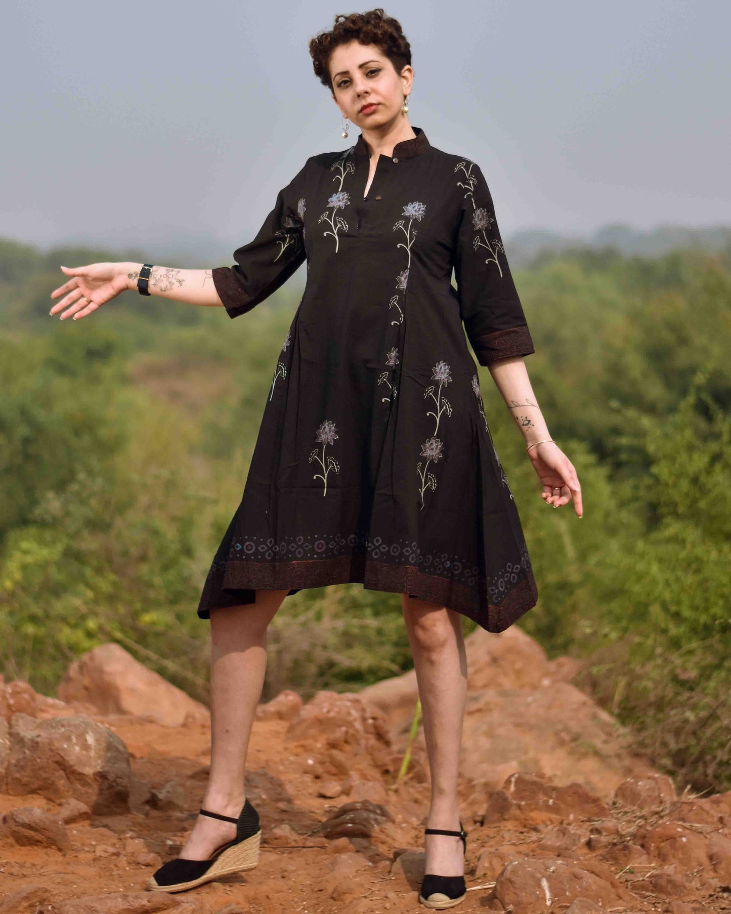 Chidiyaa Black Dahlia Pure Handwoven Cotton Dress Kohl