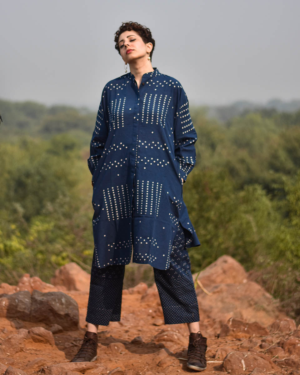 Chidiyaa Polka Burst Indigo Block Printed Kurta with Bottom Awargi 1 (Set of 2)