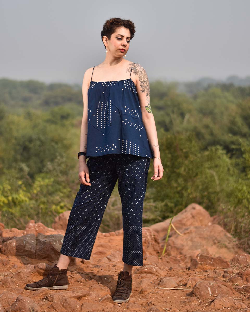 Chidiyaa Indigo Polka Burst Block Printed Spaghetti Top Awargi