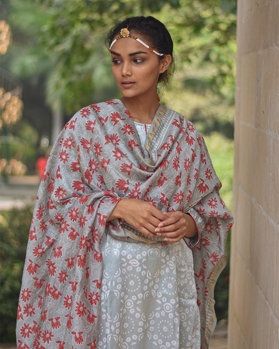 Chidiyaa Bluish Grey Blockprinted Mashru Silk Dupatta