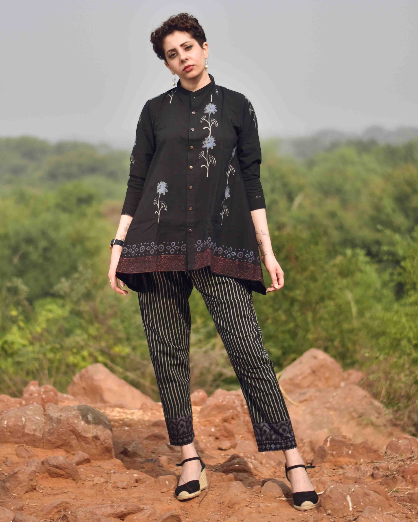 Chidiyaa Black Iris Hand Printed Pure Cotton Top Kohl