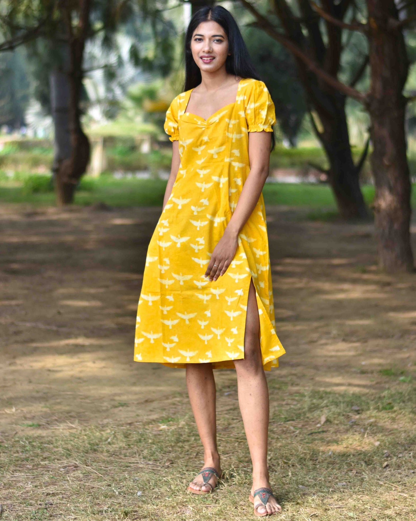 Chidiyaa Sunrise Yellow Bird Block Printed Cotton Dress - Soe