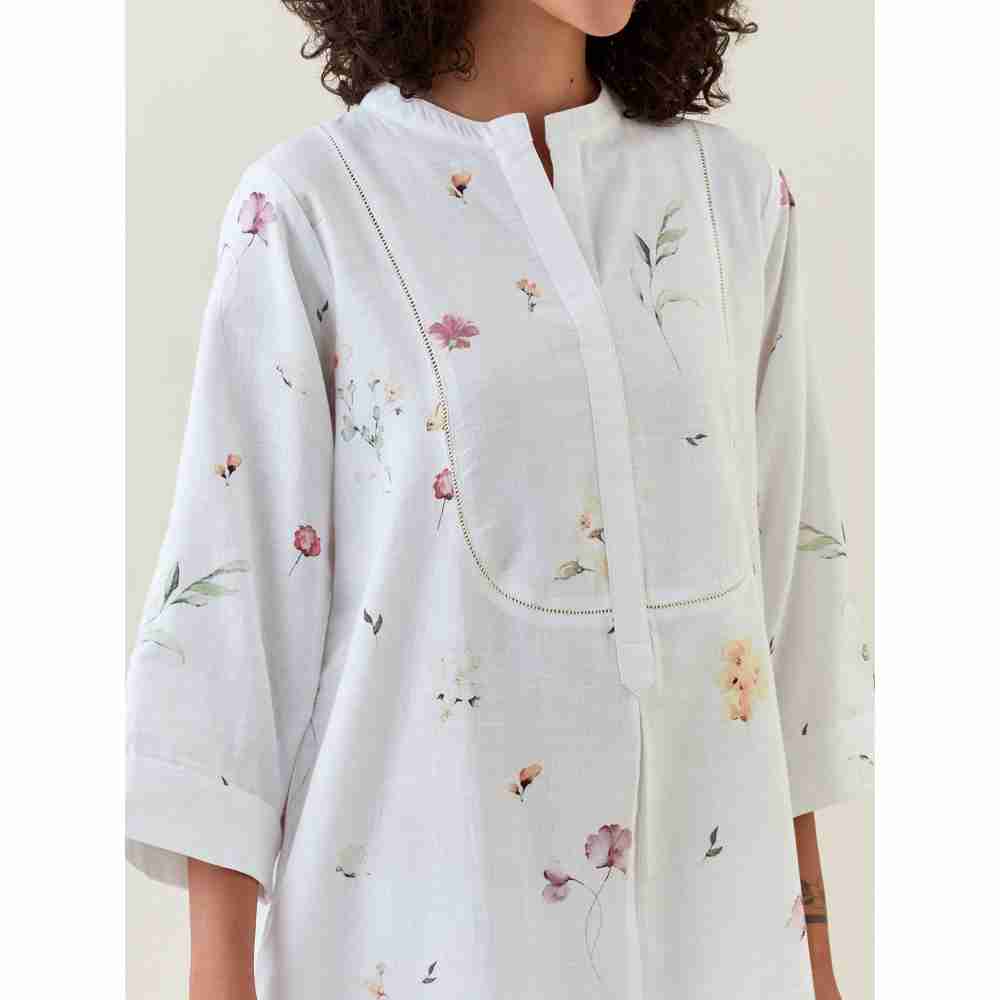 Anantaa by Roohi Trehan White Botanical Print Mid Length Cotton Linen Kurta With Yoke Placket