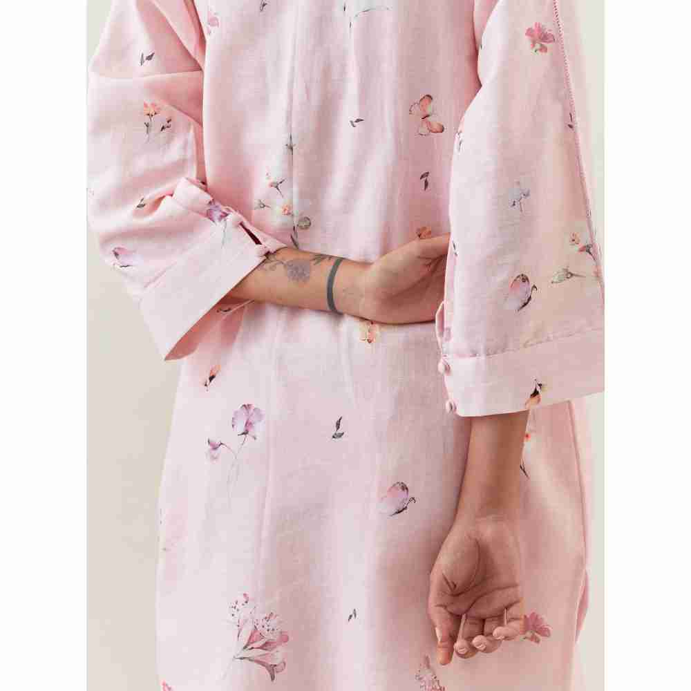 Anantaa by Roohi Trehan Pink Botanical Print Mid Length Cotton Linen Kurta With Yoke Placket