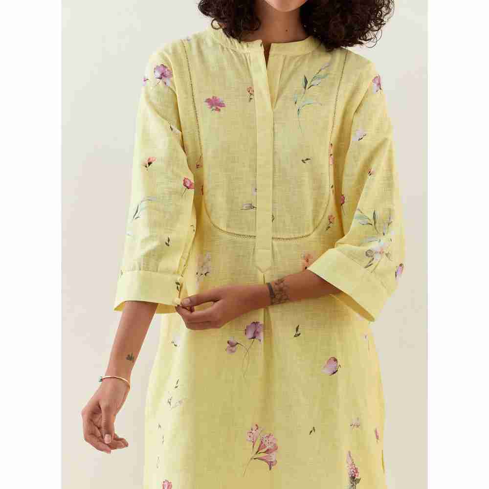 Anantaa by Roohi Trehan Yellow Botanical Print Mid Length Cotton Linen Kurta With Yoke Placket
