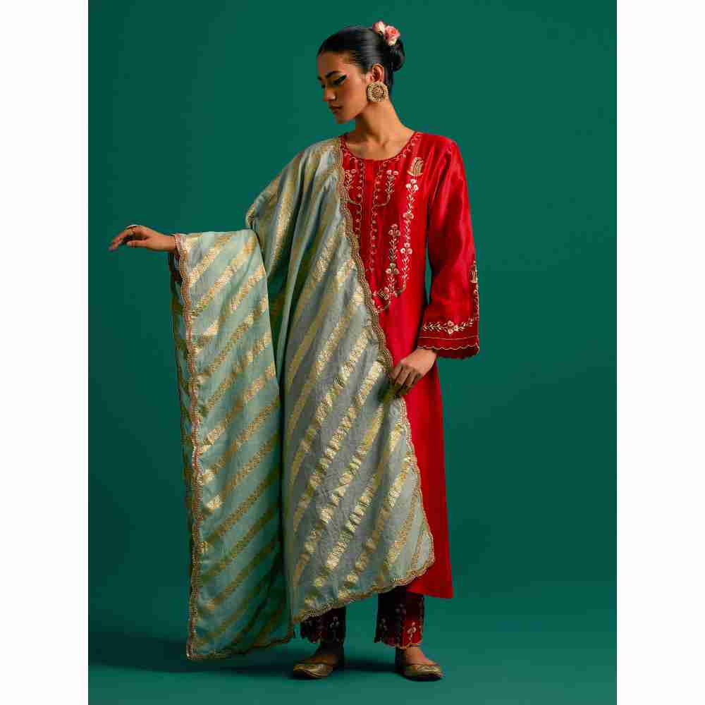 Anantaa By Roohi Trehan Red Hand Embroidered Thread Work Silk Chanderi Kurta