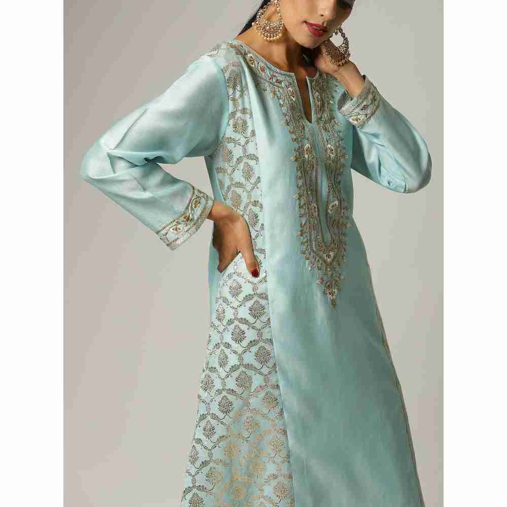 Anantaa Hand Embroidery & Golden Jaal Blue Silk Chanderi Kurta