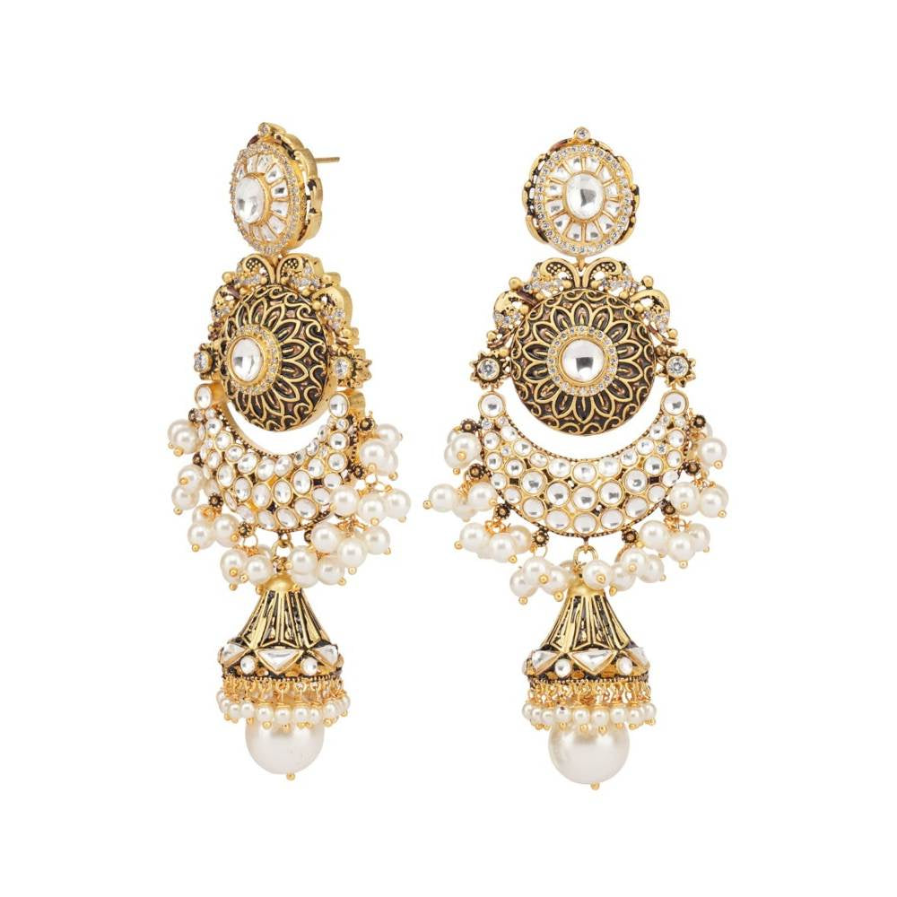 Auraa Trends Kundan Chandbali Jhumka with White Pearl