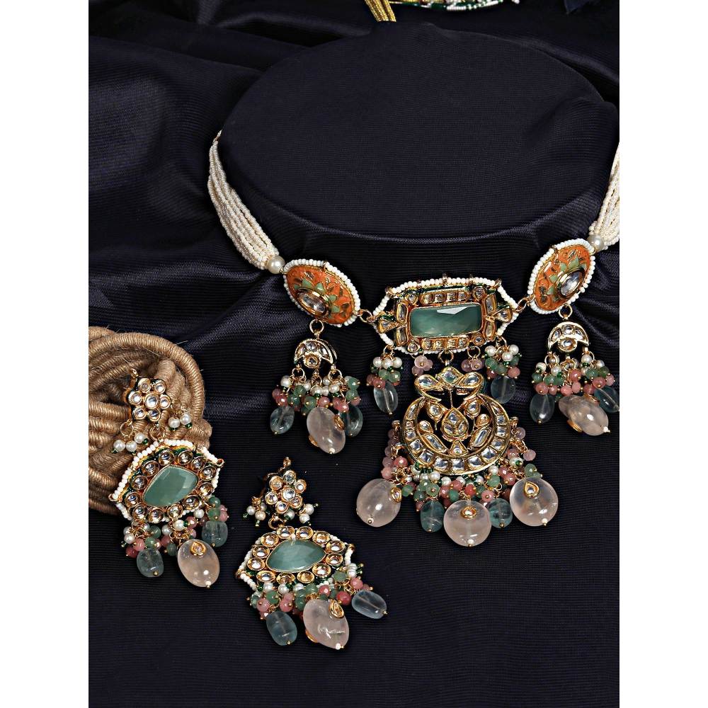 Auraa Trends Gold Plated Kundan-Studded Beaded Jewellery Set