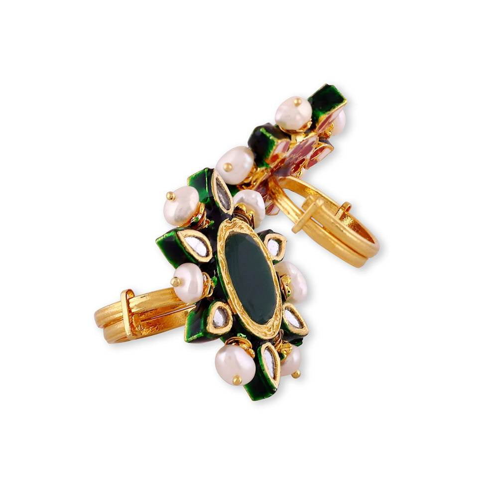 Auraa Trends 22KT Gold-Plated Kundan Pearl Studded Finger Ring