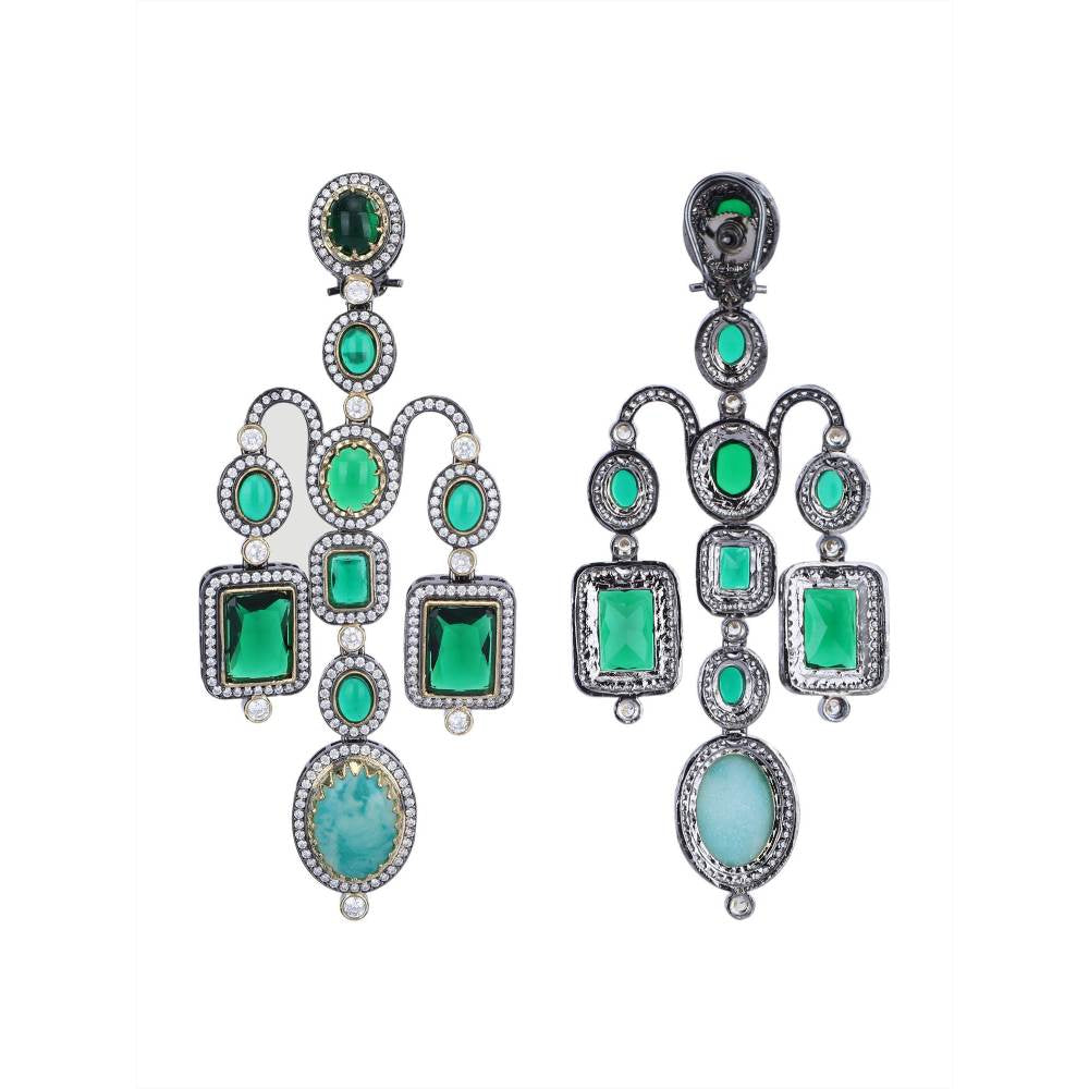 Auraa Trends Rhodium Plated American Diamond Zircon Green Earring Set for Women and Girls
