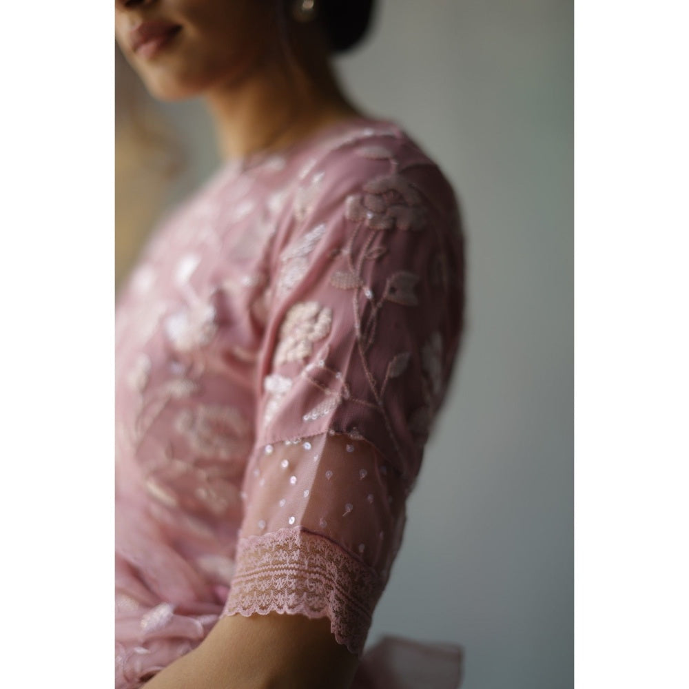 Begum Pret Saba Plum Saree with Stitched Blouse (Set of 2)