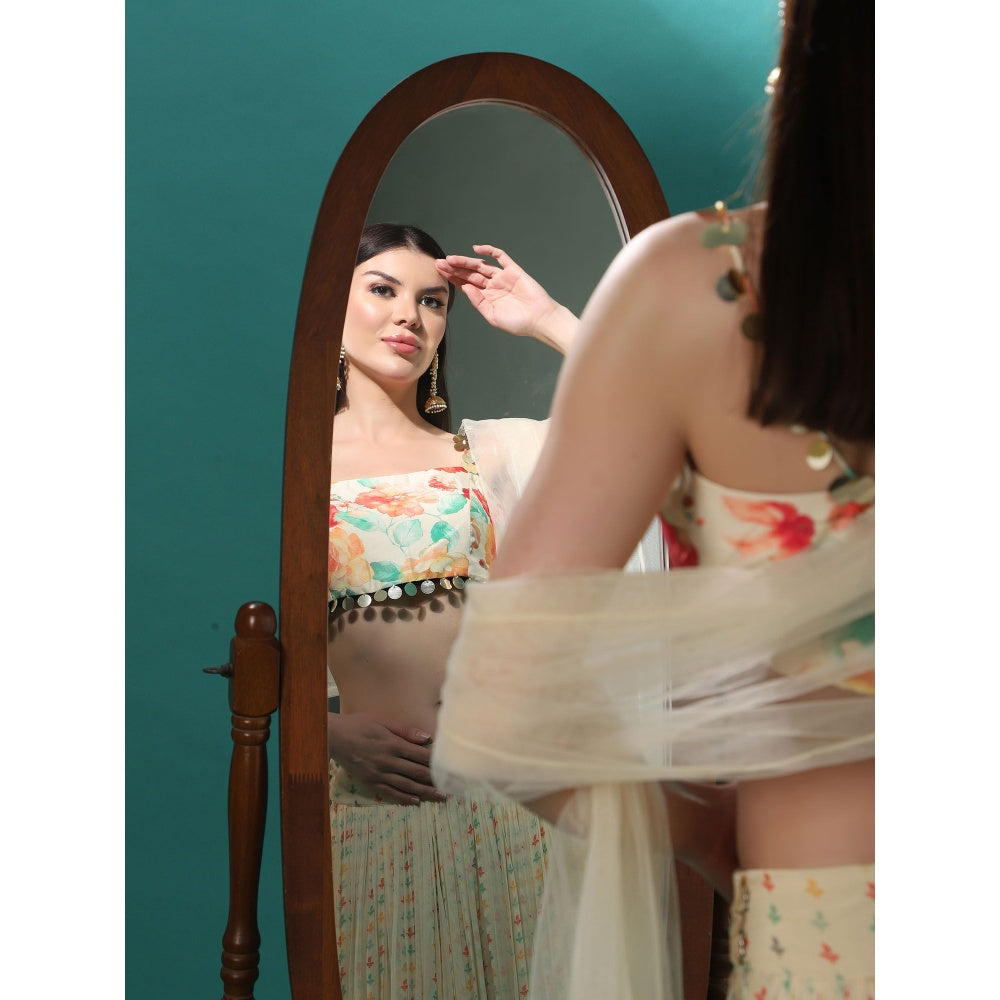 Bha-Sha Marigold Ivory Floral Bustier with Lehenga & Dupatta (Set of 3)