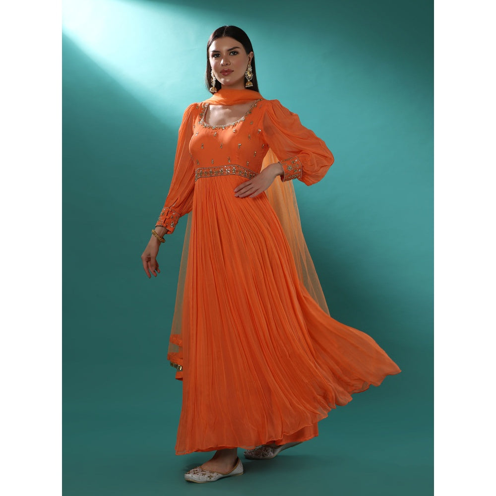 Bha-Sha Mogra Orange Embellished Anarkali Kurta with Dupatta (Set of 2)