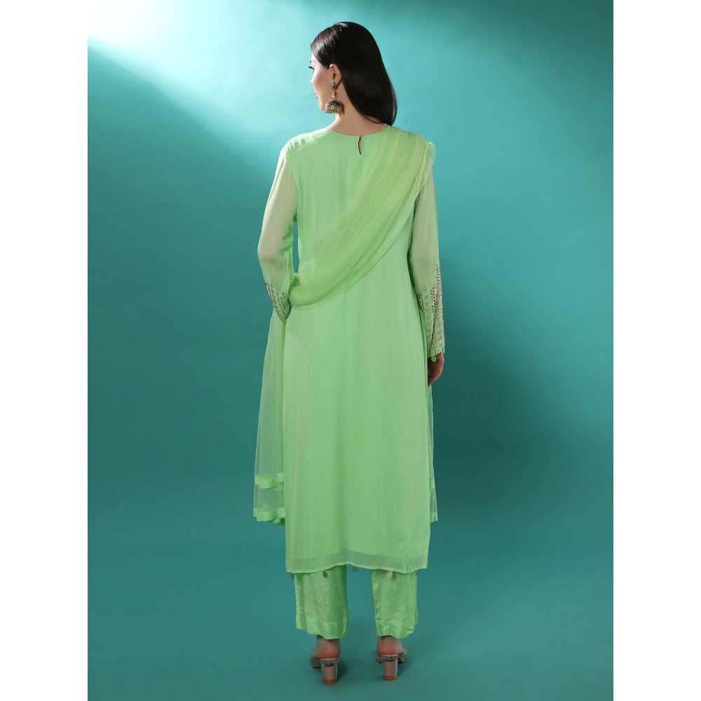 Bha-Sha Tulip Green Embellished Kurta with Pant & Dupatta (Set of 3)