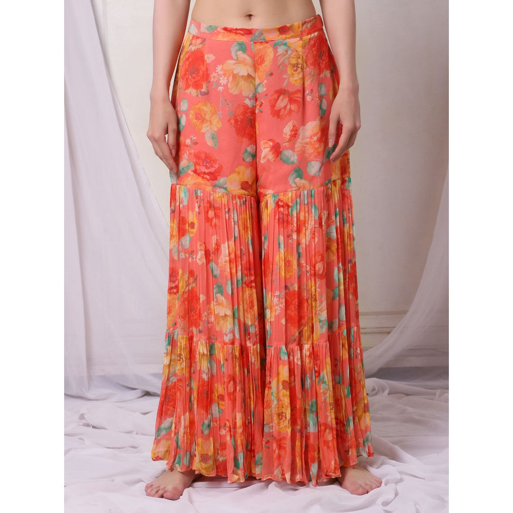 Bha-Sha Nikki Orange Floral Tunic with Sharara & Dupatta (Set of 3)