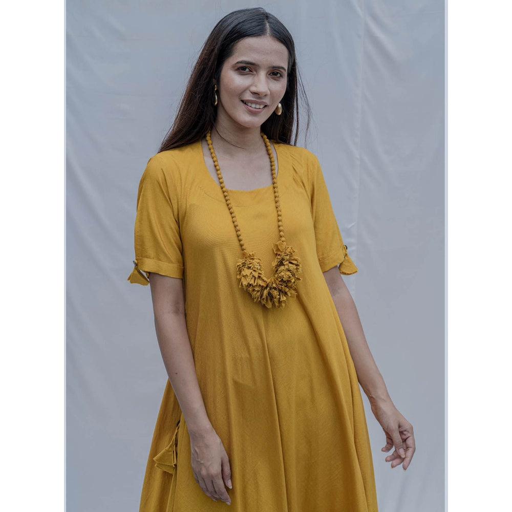 Bohame Mustard Bias Dress With Necklace (Set of 2)