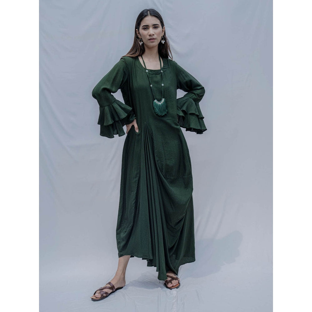 Bohame Bottle Green Asymmetric Dress With Necklace(Set of 2)